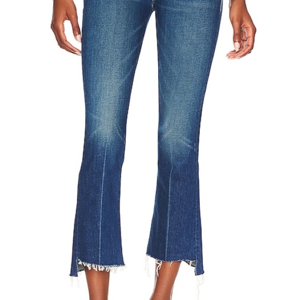MOTHER Blue Flare Cropped Jeans with Raw Hem